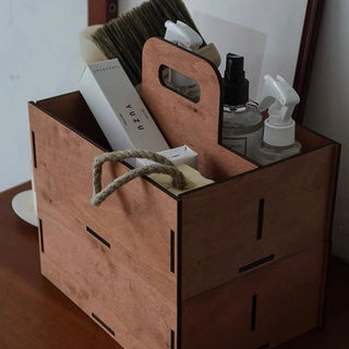Handled Wooden Rectangular Storage Box for Cosmetics