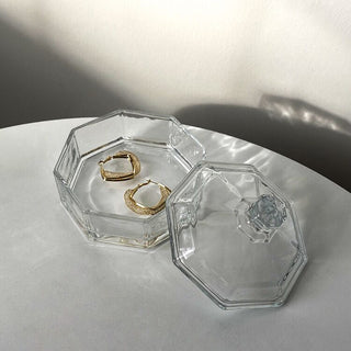 Clear glass lidded three-tier storage tray for small items