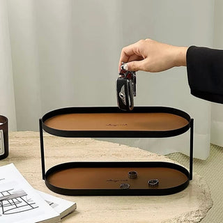 Iron Leather Oval Large Two-Tier Tray  Storage Rack
