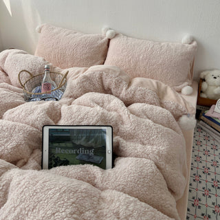 Pink Pom-Pom Milk Velvet Winter Thick Duvet Cover Set