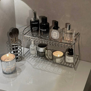 Stainless steel silver two-tier cosmetic storage multi-rack bathroom vanity perfume storage