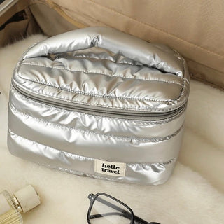 Metallic Color Large Capacity Cosmetic Storage Puff Pouch  Silver Travel Pouch