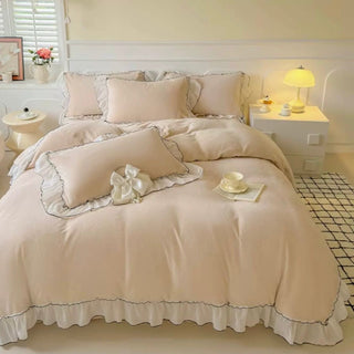 Frill Lace Milk Velvet Winter Duvet Cover Set Beige Bed Cover Bedding Cover