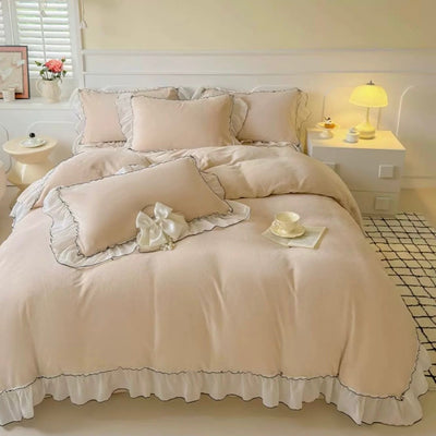 Frill Lace Milk Velvet Winter Duvet Cover Set Beige Bed Cover Bedding Cover