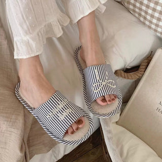 Ribbon embroidered striped linen room shoes  3 sizes indoor slippers.