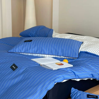 Blue Double-Sided Stripe Cotton Duvet Cover Set   Bed Cover  All Seasons