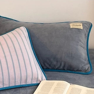 Blue Stripe Piping Thick Milk Fleece Winter Duvet Cover Set
