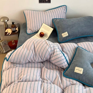 Blue Stripe Piping Thick Milk Fleece Winter Duvet Cover Set