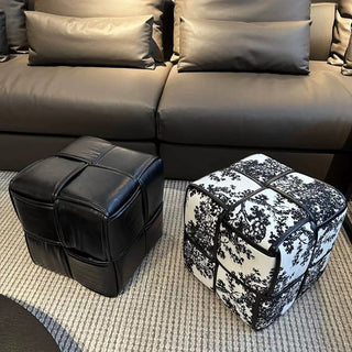 Monochrome Cube-shaped Woven Stool Ottoman 35cm Height Side Table