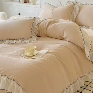 Frill Lace Milk Velvet Winter Duvet Cover Set Beige Bed Cover Bedding Cover
