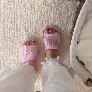 Ribbon embroidered striped linen room shoes  3 sizes indoor slippers.
