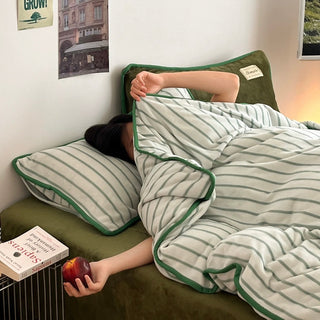 Green stripe piping thick milk fleece winter duvet cover set 2 sizes