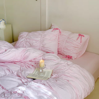 Color Gathered Romantic Ribbon Duvet Cover Set  All Seasons