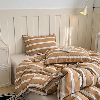 Brown Mixed Color Wide Stripe Cotton Duvet Cover Set 2 Sizes  All Seasons