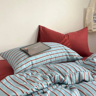Red x Blue Stripe Soft Cotton Duvet Cover Set   Bed Cover  All Seasons
