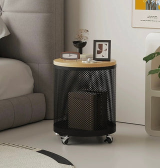 Wheeled Wood Lid Storage Round Side Table