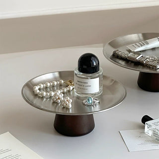Wood Legged Stainless Steel Silver Tray 2 Sizes  Stand Storage