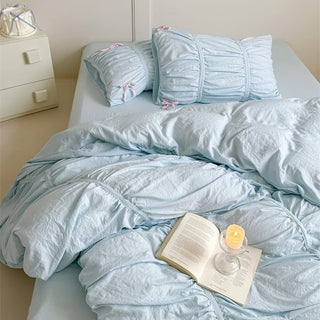 Color Gathered Romantic Ribbon Duvet Cover Set  All Seasons
