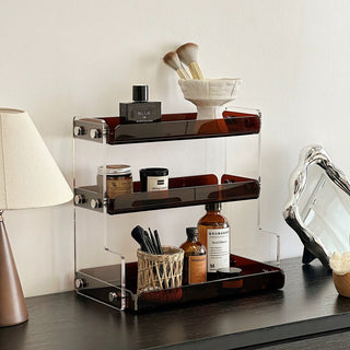 Clear Brown Acrylic Three-Tier Storage Display Rack for Cosmetics and Perfumes
