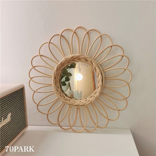 Flower & Sun Motif Rattan Mirror