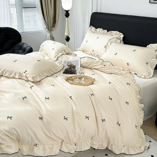 Cooling Ribbon Pattern Frill Ivory Duvet Cover Set Bed Cover Cool Touch