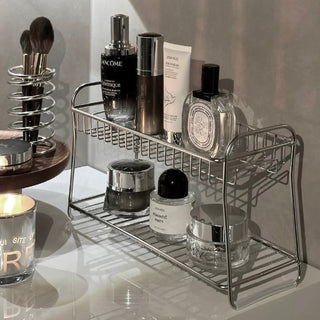Stainless steel silver two-tier cosmetic storage multi-rack bathroom vanity perfume storage
