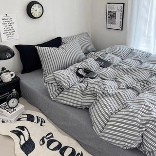 Gray and White Stripe Cotton Duvet Cover Set   All Seasons