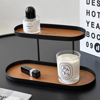 Iron Leather Oval Two-Tier Tray Storage Rack