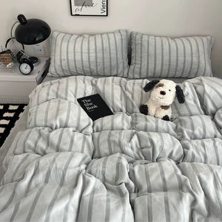 Gray Stripe Fluffy Flannel Duvet Cover Set