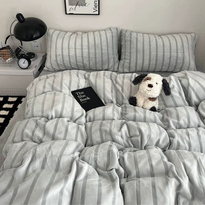 Gray Stripe Fluffy Flannel Duvet Cover Set