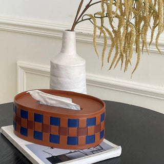 Oval-shaped woven faux leather tissue case