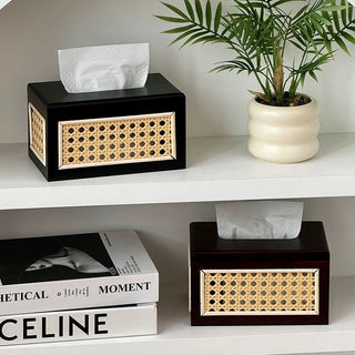 Rattan Basketweave Wood Tissue Case