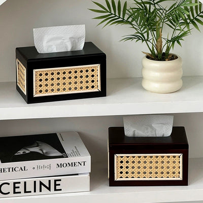 Rattan Basketweave Wood Tissue Case