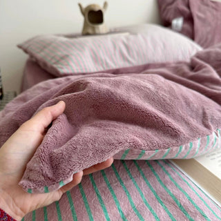 PinkPurple Pin Stripe Cotton Fleece Winter Duvet Cover Set
