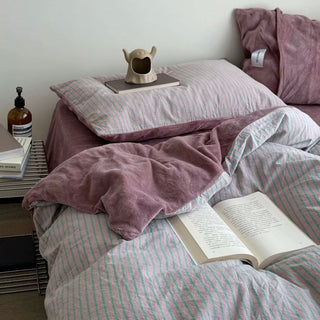 PinkPurple Pin Stripe Cotton Fleece Winter Duvet Cover Set