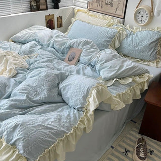 Frill Washed Cotton Duvet Cover Set  Blue Bed Cover