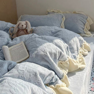 Blue Ribbon Bouquet Pattern Milk Velvet Winter Thick Duvet Cover Set