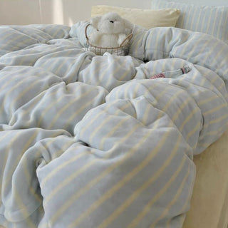Light Blue Stripe Milk Velvet Winter Duvet Cover Set