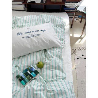 White and Green Stripe Duvet Cover Set