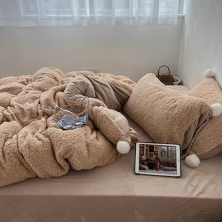 Brown Pom-pom Milk Velvet Winter Thick Duvet Cover Set