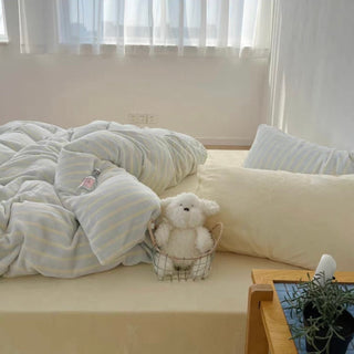 Light Blue Stripe Milk Velvet Winter Duvet Cover Set