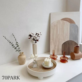 Wood grain print round accessory trayin  small item holder.