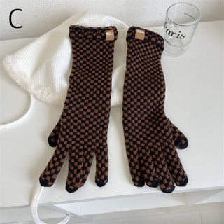 Smartphone Compatible Checkerboard Pattern Long Gloves