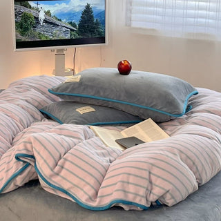 Blue Stripe Piping Thick Milk Fleece Winter Duvet Cover Set