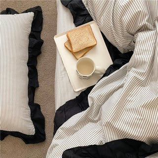 Gray Stripe Black Frill Cotton Duvet Cover Set  All Season