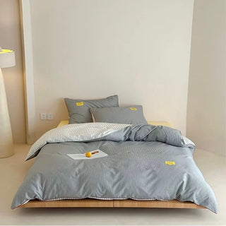 Gray Double-Sided Striped Cotton Duvet Cover Set   Bed Cover  All Seasons