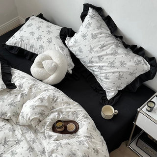 Flower Pattern Black Frill Monotone Duvet Cover Set  All Season