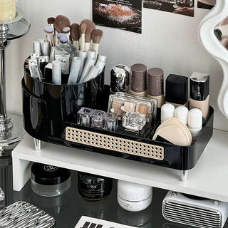 degree rotating brush stand with woven-style cosmetic storage tray