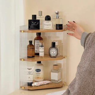 Clear Acrylic Wood Grain Finish Three-Tier Storage Corner Rack   Perfect for Cosmetics and Perfumes