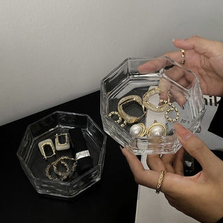 Clear glass lidded three-tier storage tray for small items
